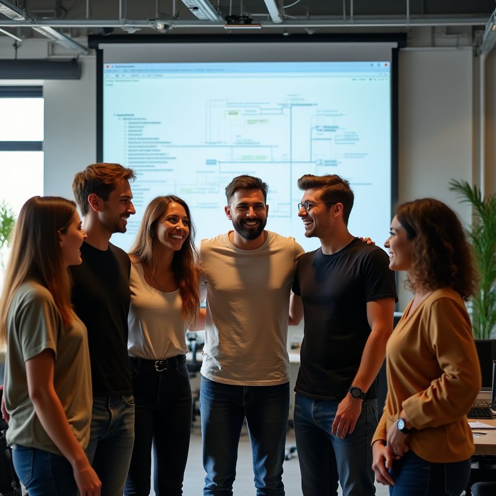 Equipo de una startup tecnológica celebrando